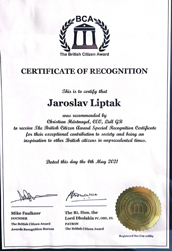 The British Citizen Award – Certificate of Recognition